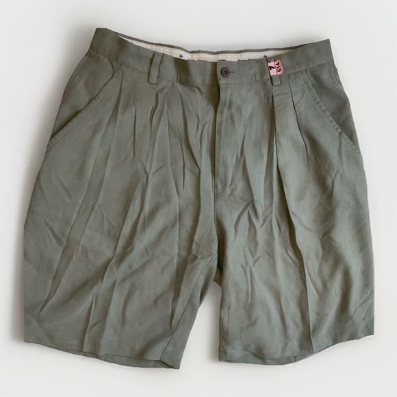 Tommy Bahama Silk Shorts Men's Size 34 Pleat Khaki Green Preppy Beach Resort - Picture 1 of 8